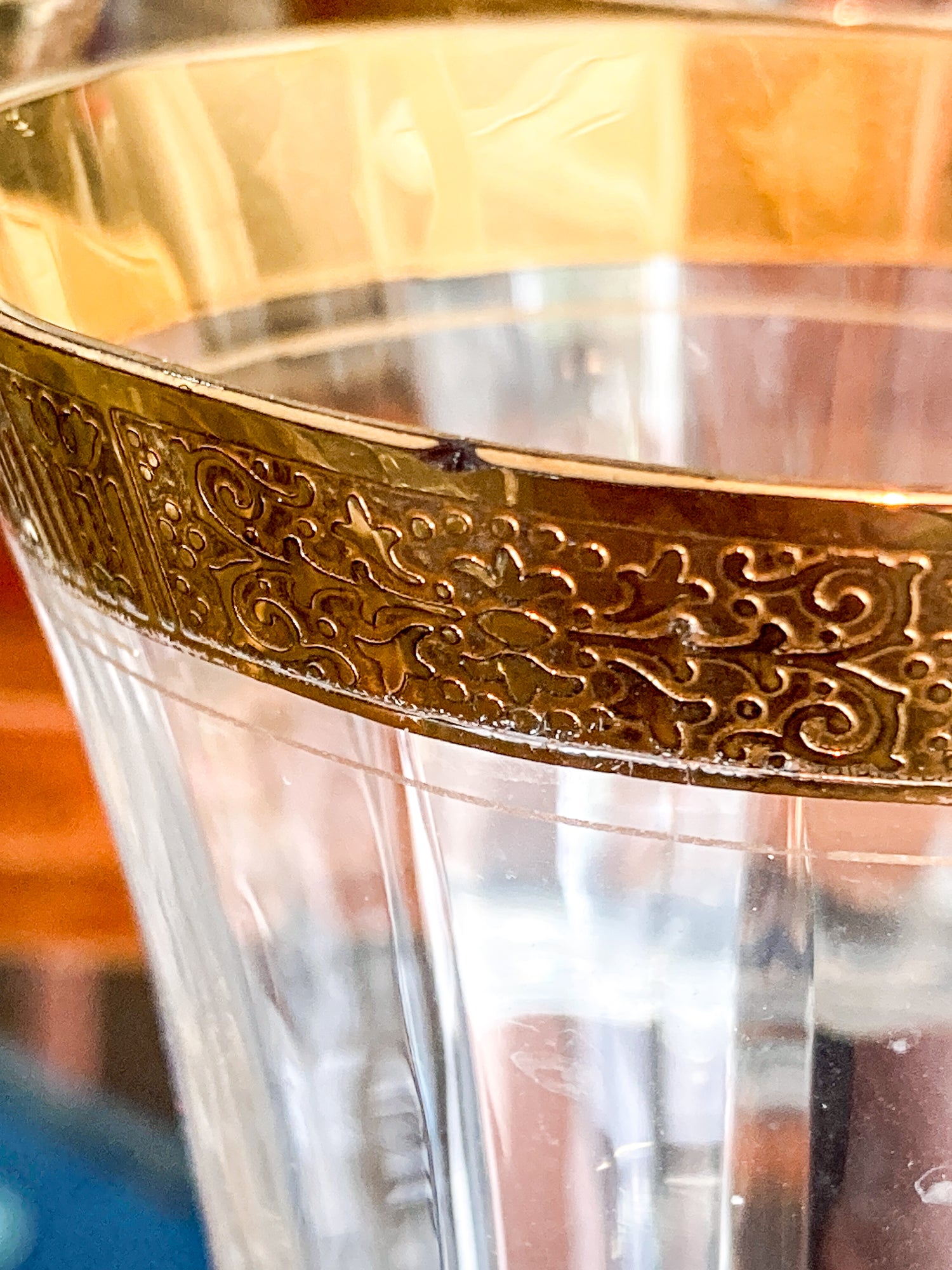 Set of Ten Antique Embossed Decorative Gold Rim Clear Crystal Water Goblets