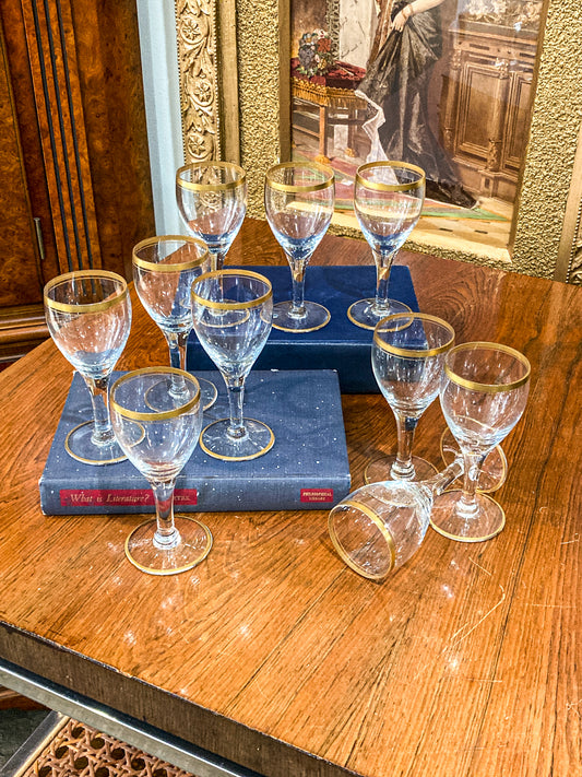 Set of Ten Vintage 1960s Gold Rim Clear Crystal Cordial Glasses Barware