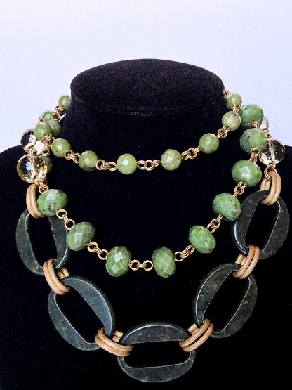 Unsigned Stephen Dweck Bronze Green Quartz Nephrite Bead Long Necklace