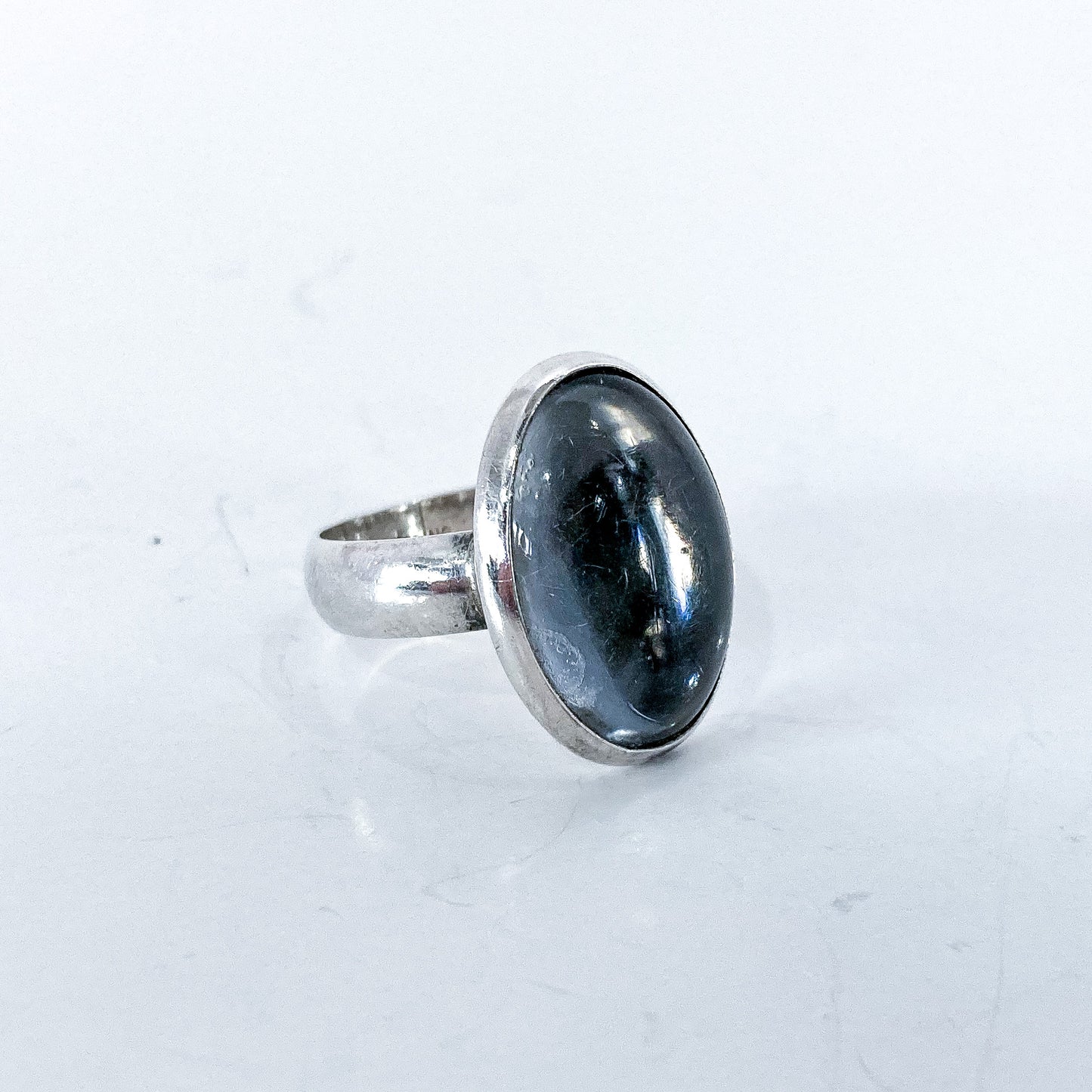 Sterling Silver Oval Moody Midnight Timeless Glass Cabochon Ring Size 6 