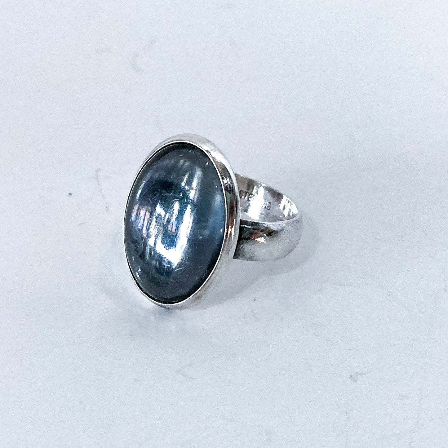 Sterling Silver Oval Moody Midnight Timeless Glass Cabochon Ring Size 6 