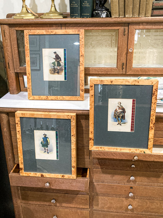 Three Vintage 20th Century Scottish Clan Men Tartan Kilts Framed Offset Lithograph