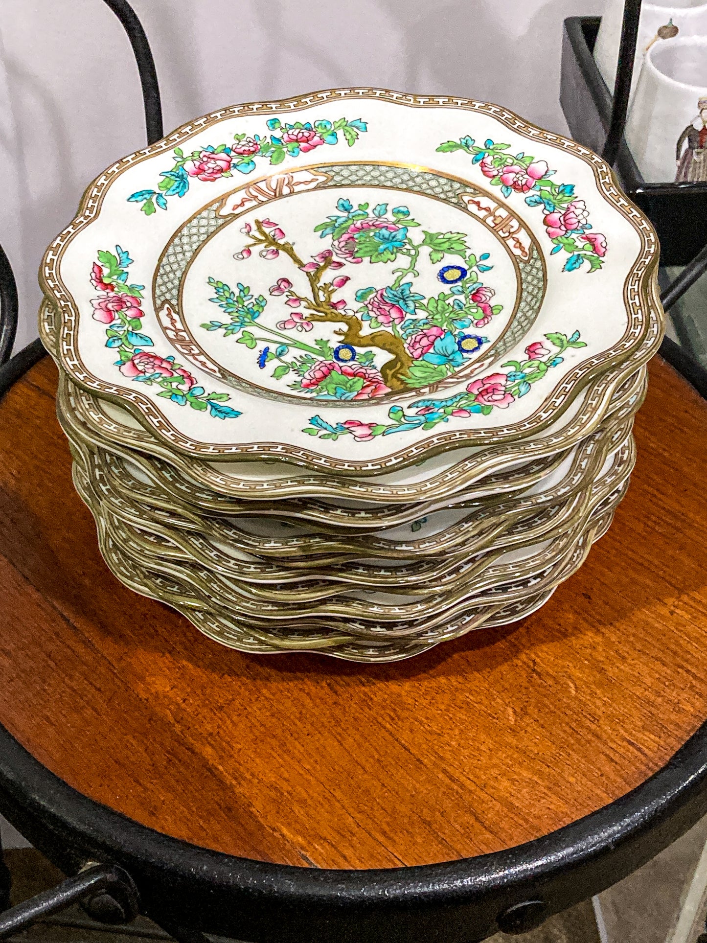 Twelve Antique Coalport England Indian Tree Bone China Luncheon Plates