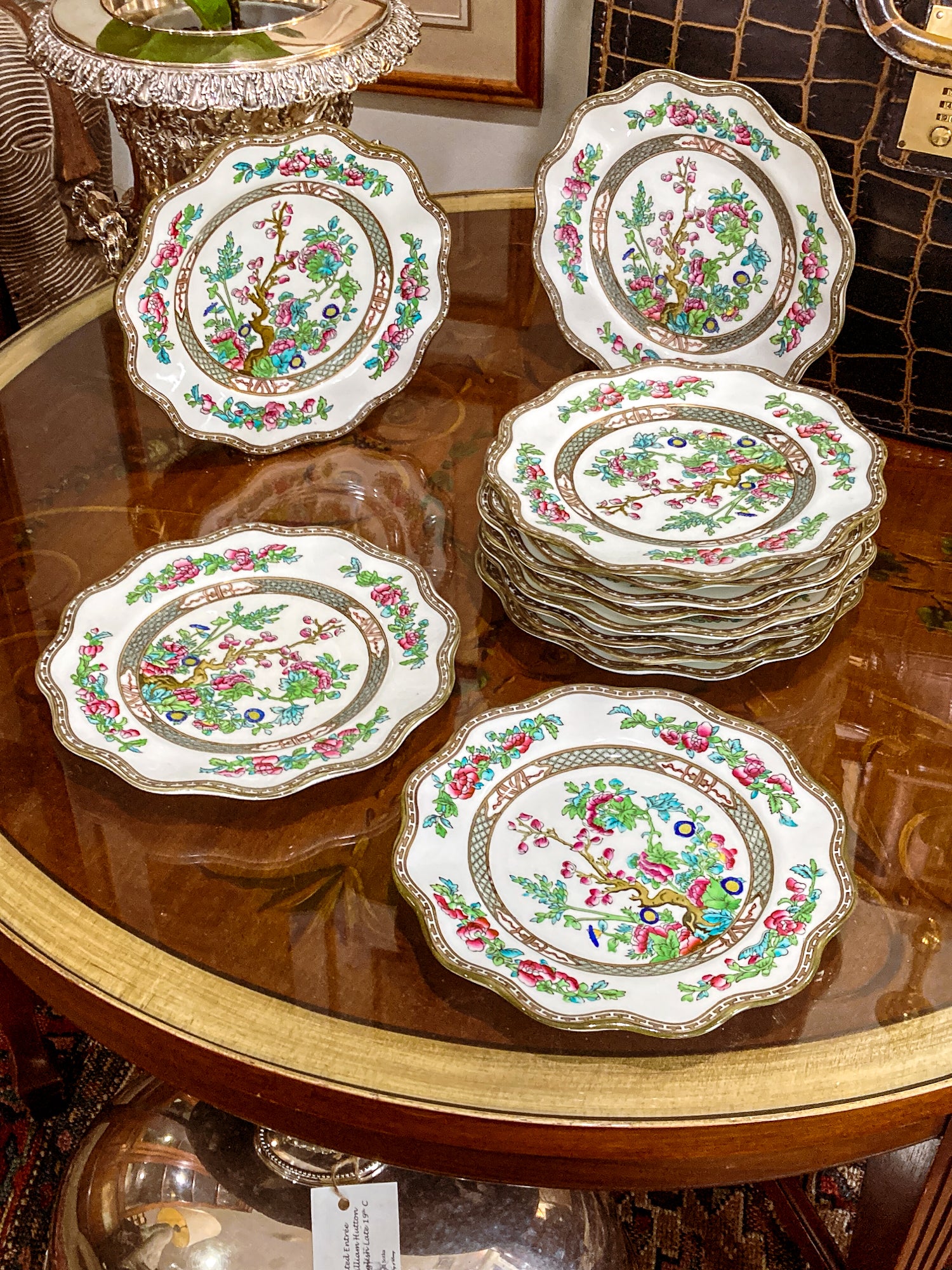 Twelve Antique Coalport England Indian Tree Bone China Luncheon Plates