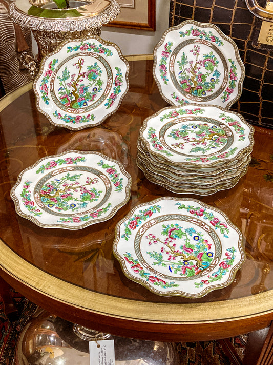 Twelve Antique Coalport England Indian Tree Bone China Luncheon Plates