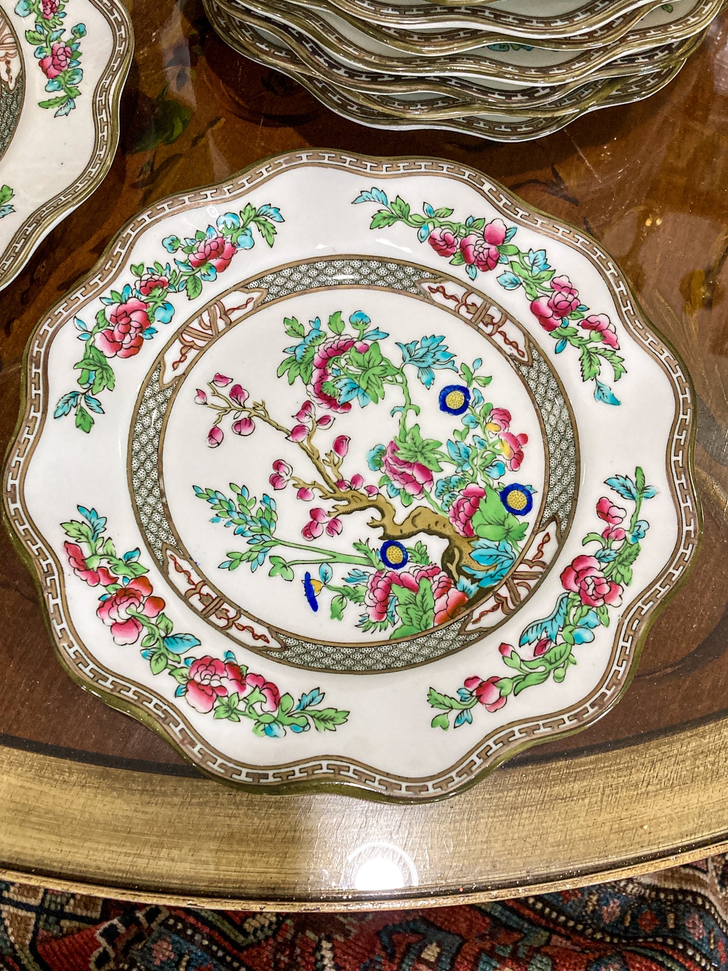 Twelve Antique Coalport England Indian Tree Bone China Luncheon Plates