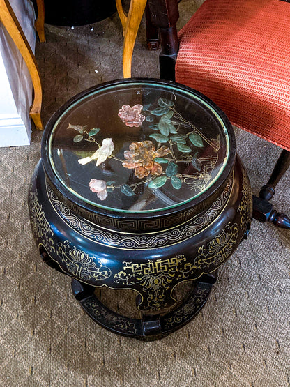 Vintage Applied Stone Roses Bird Gold Detailed Black Lacquer Round Side Table