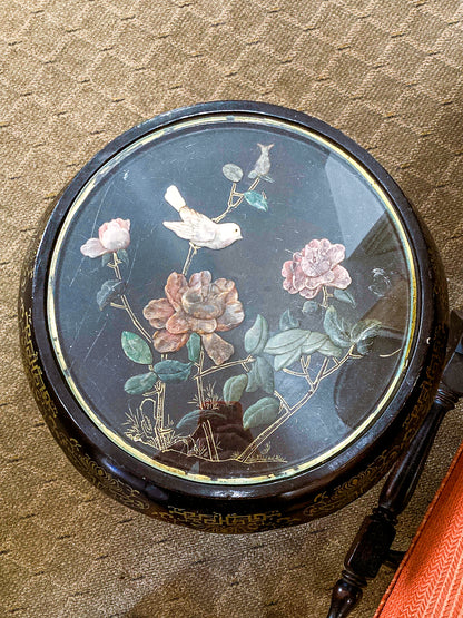 Vintage Applied Stone Roses Bird Gold Detailed Black Lacquer Round Side Table