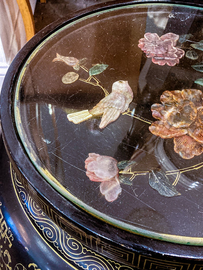 Vintage Applied Stone Roses Bird Gold Detailed Black Lacquer Round Side Table