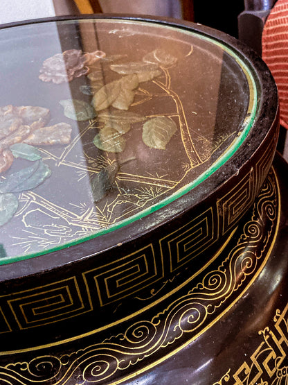 Vintage Applied Stone Roses Bird Gold Detailed Black Lacquer Round Side Table