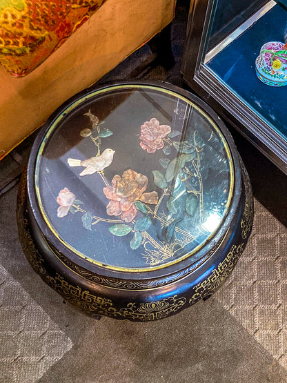 Vintage Applied Stone Roses Bird Gold Detailed Black Lacquer Round Side Table