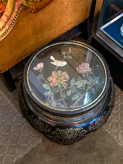 Vintage Applied Stone Roses Bird Gold Detailed Black Lacquer Round Side Table
