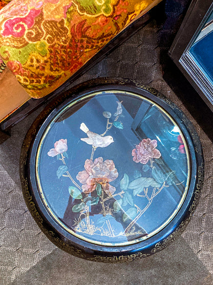 Vintage Applied Stone Roses Bird Gold Detailed Black Lacquer Round Side Table