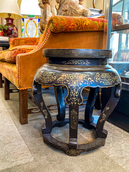 Vintage Applied Stone Roses Bird Gold Detailed Black Lacquer Round Side Table
