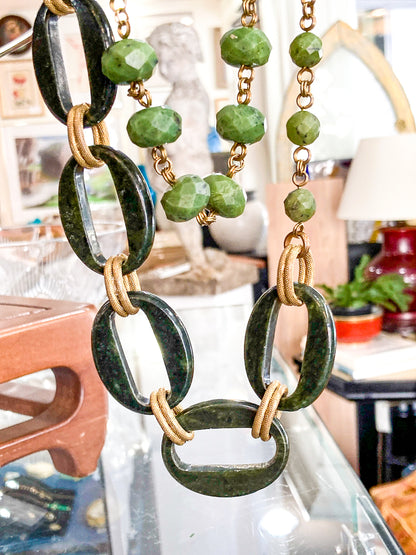 Unsigned Stephen Dweck Bronze Green Quartz Nephrite Bead Long Necklace