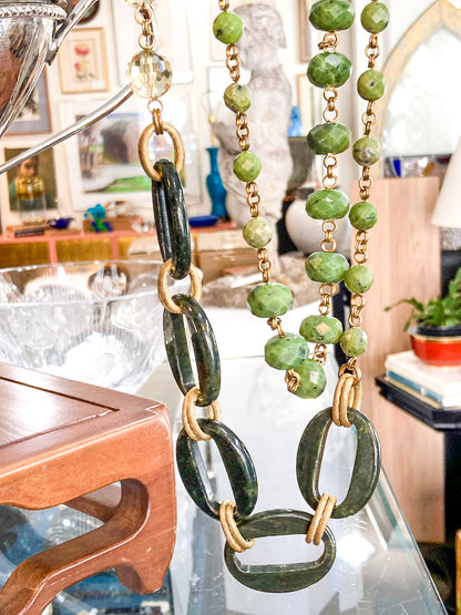 Unsigned Stephen Dweck Bronze Green Quartz Nephrite Bead Long Necklace