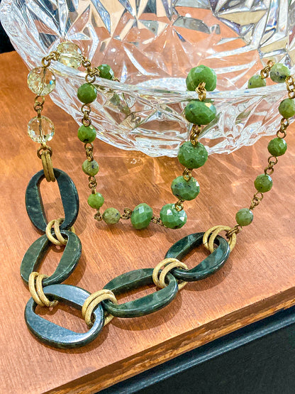 Unsigned Stephen Dweck Bronze Green Quartz Nephrite Bead Long Necklace