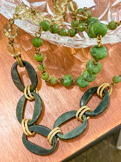 Unsigned Stephen Dweck Bronze Green Quartz Nephrite Bead Long Necklace