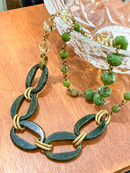 Unsigned Stephen Dweck Bronze Green Quartz Nephrite Bead Long Necklace