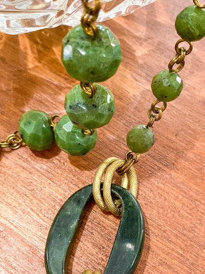 Unsigned Stephen Dweck Bronze Green Quartz Nephrite Bead Long Necklace