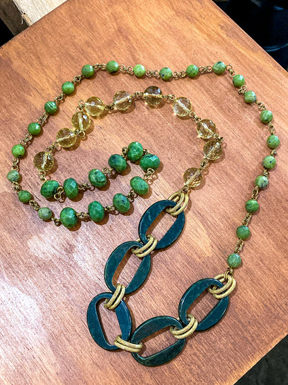 Unsigned Stephen Dweck Bronze Green Quartz Nephrite Bead Long Necklace