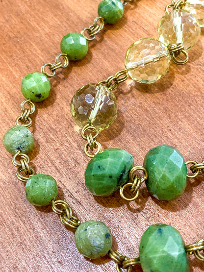 Unsigned Stephen Dweck Bronze Green Quartz Nephrite Bead Long Necklace