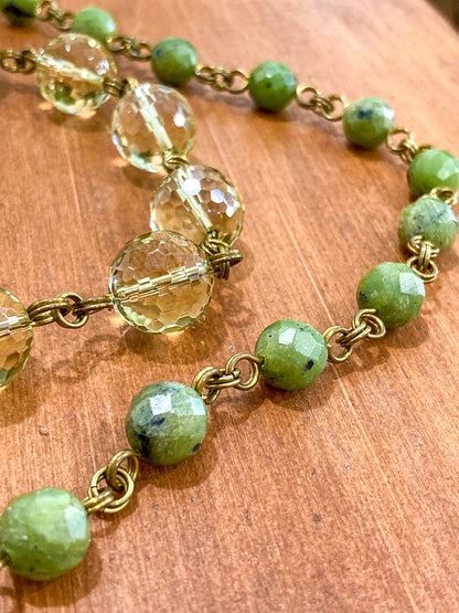 Unsigned Stephen Dweck Bronze Green Quartz Nephrite Bead Long Necklace