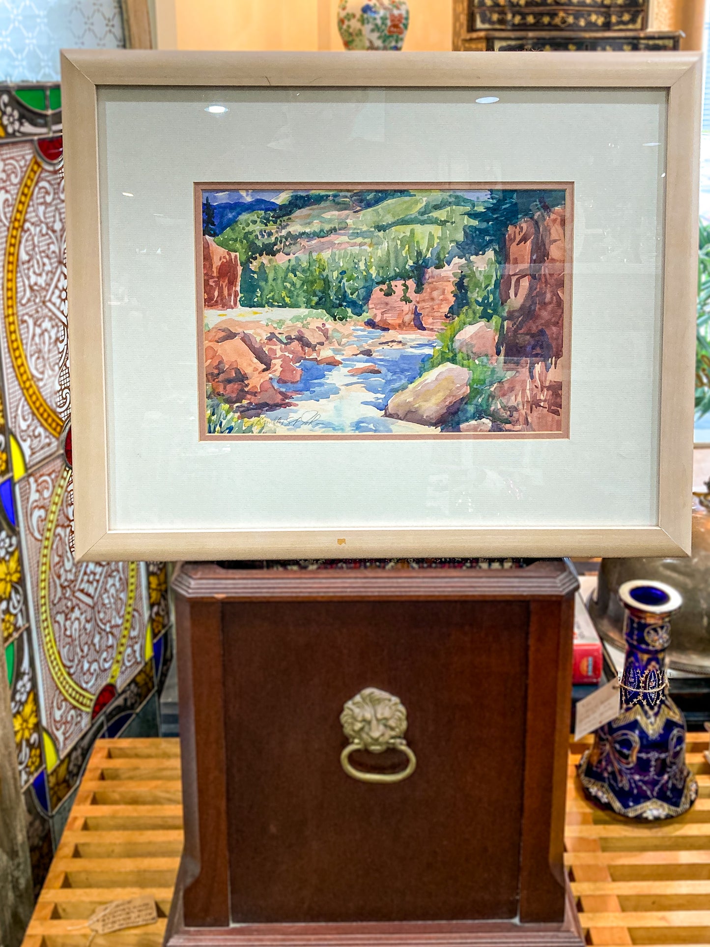 Vibrant Canyon River Watercolor Landscape Signed Framed Painting Art