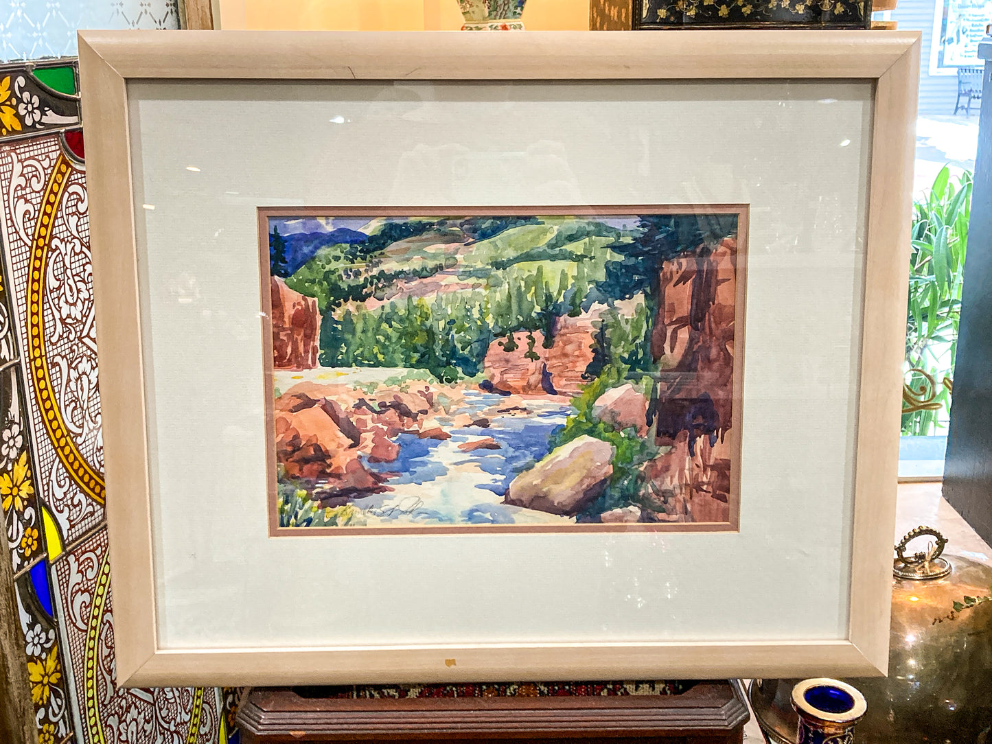 Vibrant Canyon River Watercolor Landscape Signed Framed Painting Art