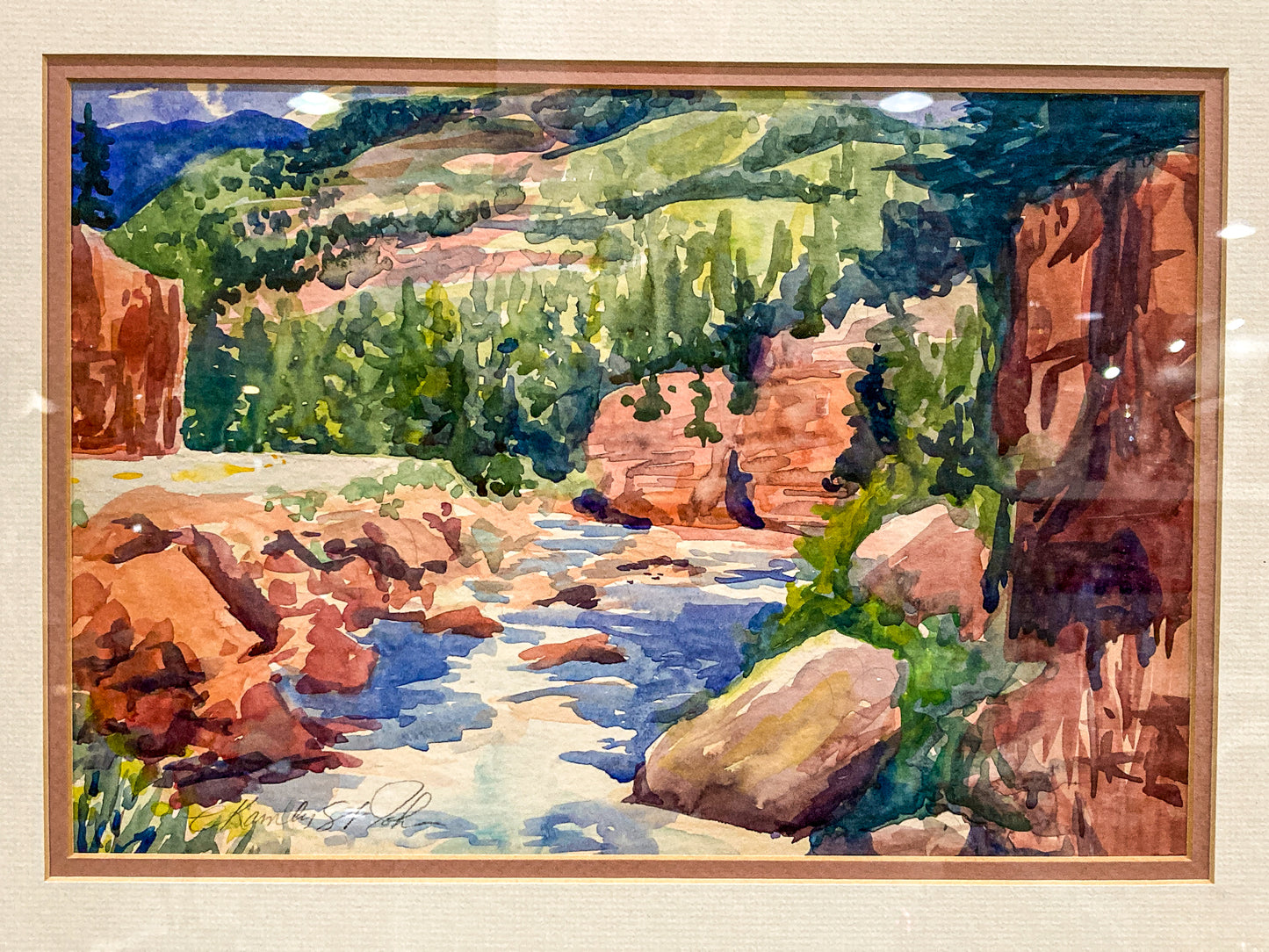 Vibrant Canyon River Watercolor Landscape Signed Framed Painting Art