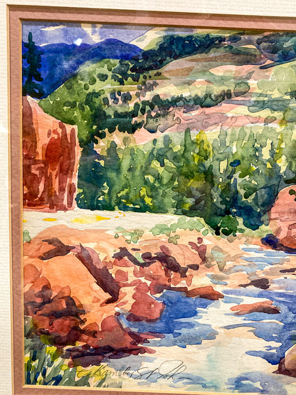 Vibrant Canyon River Watercolor Landscape Signed Framed Painting Art