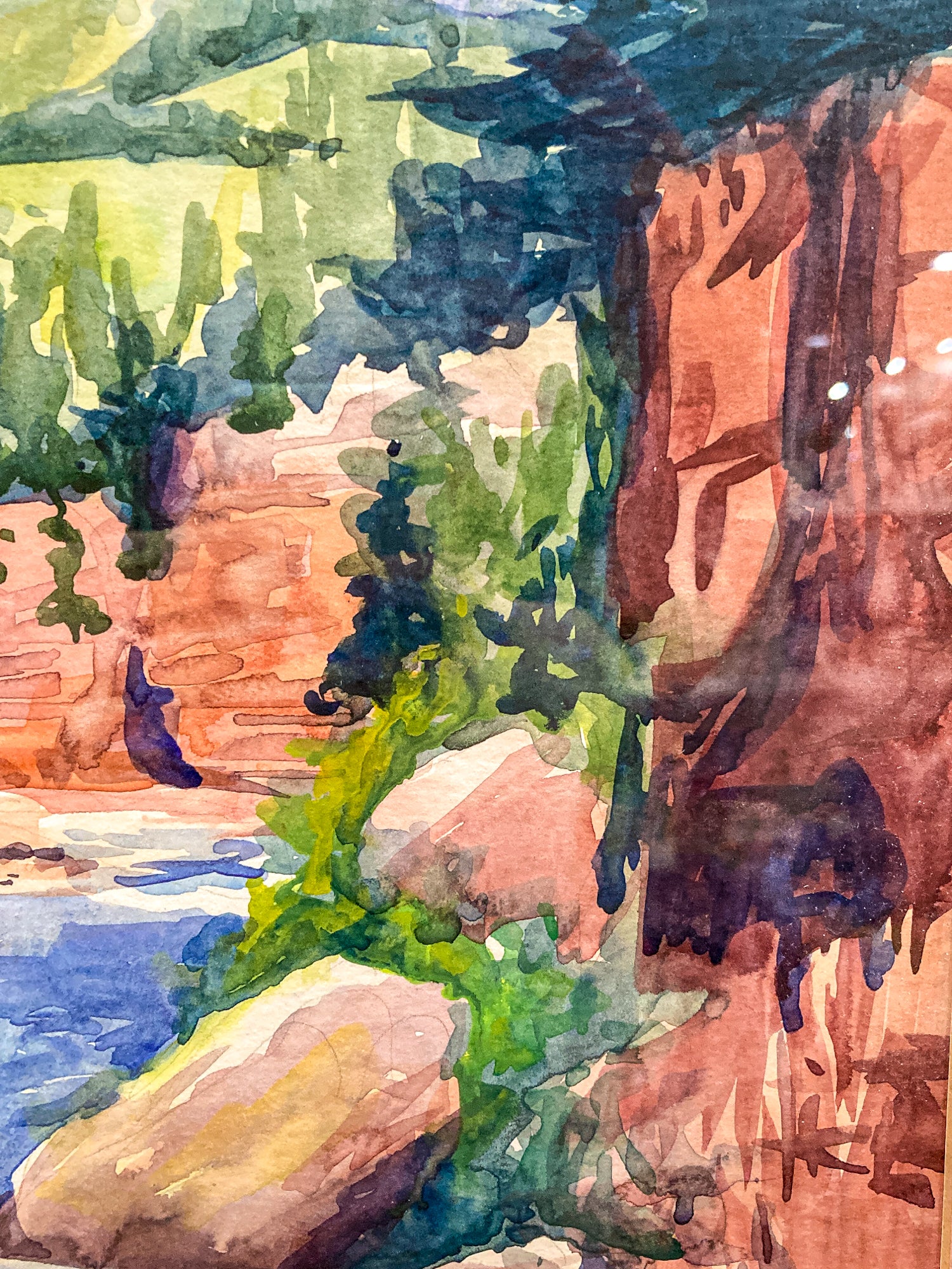 Vibrant Canyon River Watercolor Landscape Signed Framed Painting Art
