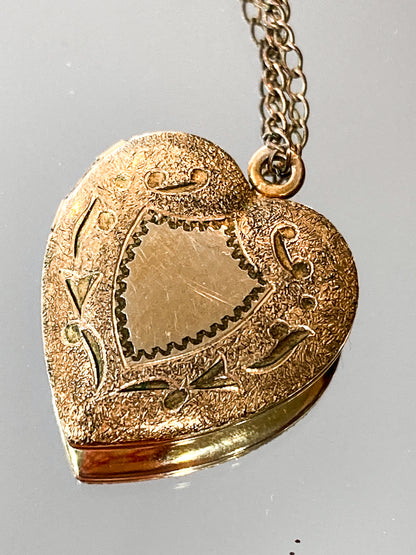 Vintage Gold Filled Engraved Heart Photo Locket Pendant Necklace