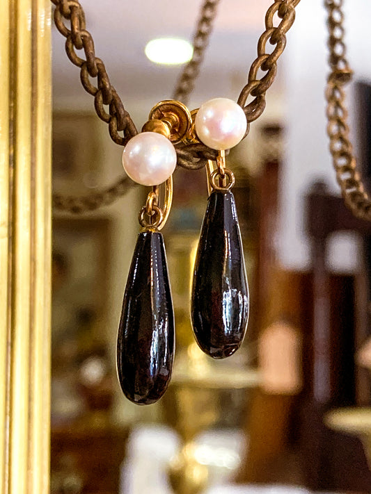 Vintage 12K Gold Filled Pearl Black Tear Drop Dangle Screwback Earrings