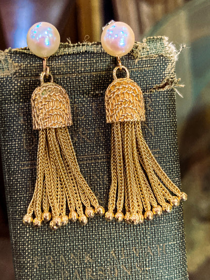 Vintage Italian 14K Yellow Gold Pearl Braided Tassel Dangle Post Earrings