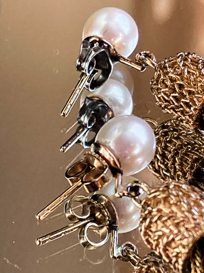 Vintage Italian 14K Yellow Gold Pearl Braided Tassel Dangle Post Earrings