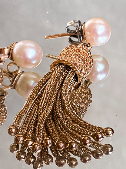 Vintage Italian 14K Yellow Gold Pearl Braided Tassel Dangle Post Earrings