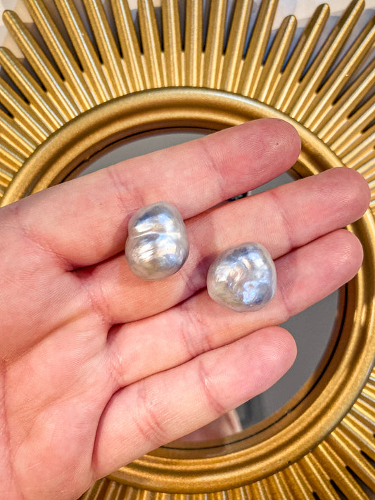 Vintage 14K Yellow Gold Large Silvery Blue Keshi Pearl Post Earrings