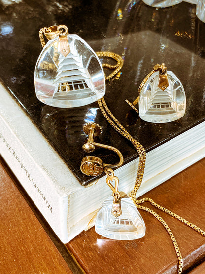 Vintage 14k Gold Carved Crystal Pagoda Necklace Earrings Japan Jewelry Set