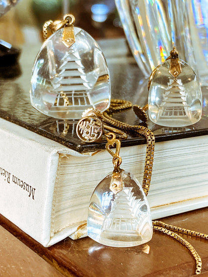 Vintage 14k Gold Carved Crystal Pagoda Necklace Earrings Japan Jewelry Set