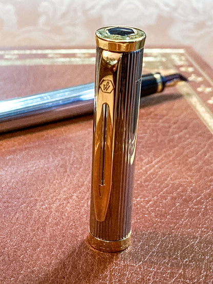 Vintage Waterman 18K Yellow Gold Silver Ribbed Fountain Ink Pen