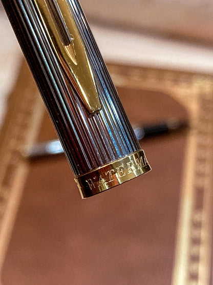 Vintage Waterman 18K Yellow Gold Silver Ribbed Fountain Ink Pen