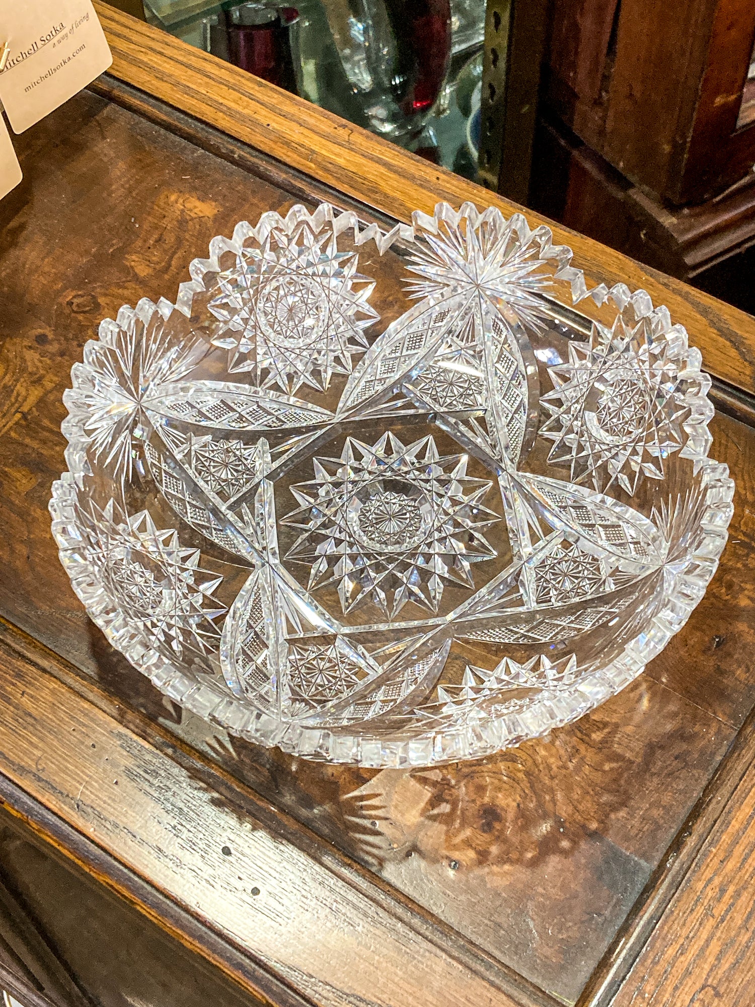Vintage 1940s Brilliant Cut Clear Scalloped Edge Low Profile Glass Bowl