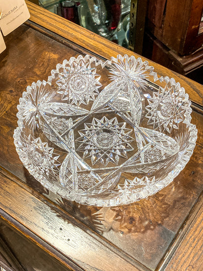 Vintage 1940s Brilliant Cut Clear Scalloped Edge Low Profile Glass Bowl