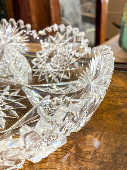 Vintage 1940s Brilliant Cut Clear Scalloped Edge Low Profile Glass Bowl