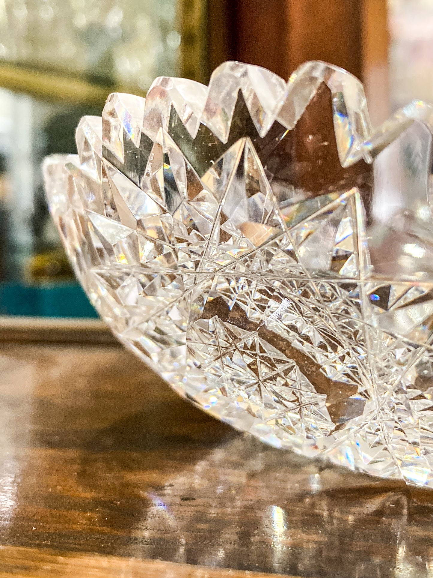 Vintage 1940s Brilliant Cut Clear Scalloped Edge Low Profile Glass Bowl