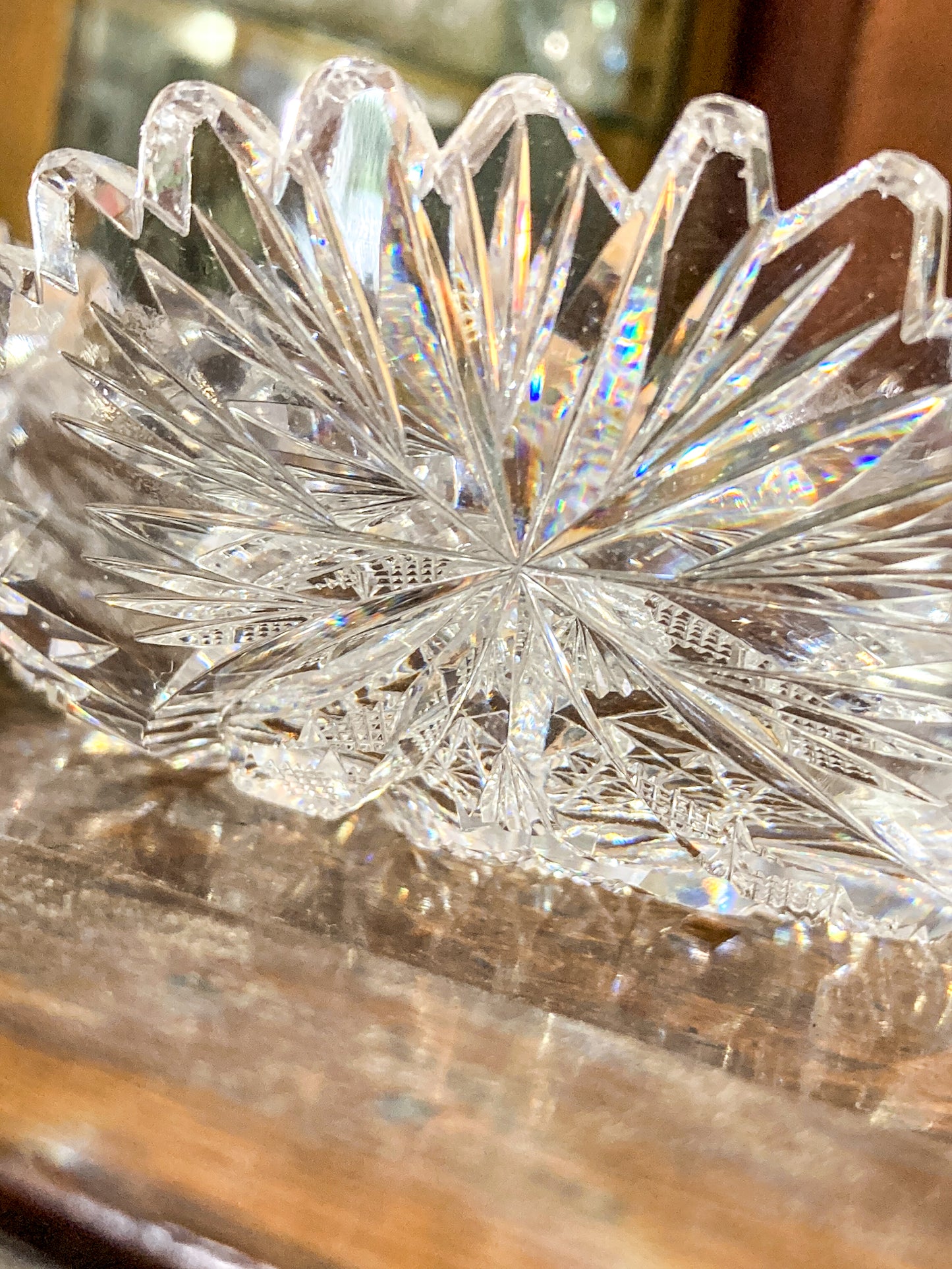 Vintage 1940s Brilliant Cut Clear Scalloped Edge Low Profile Glass Bowl