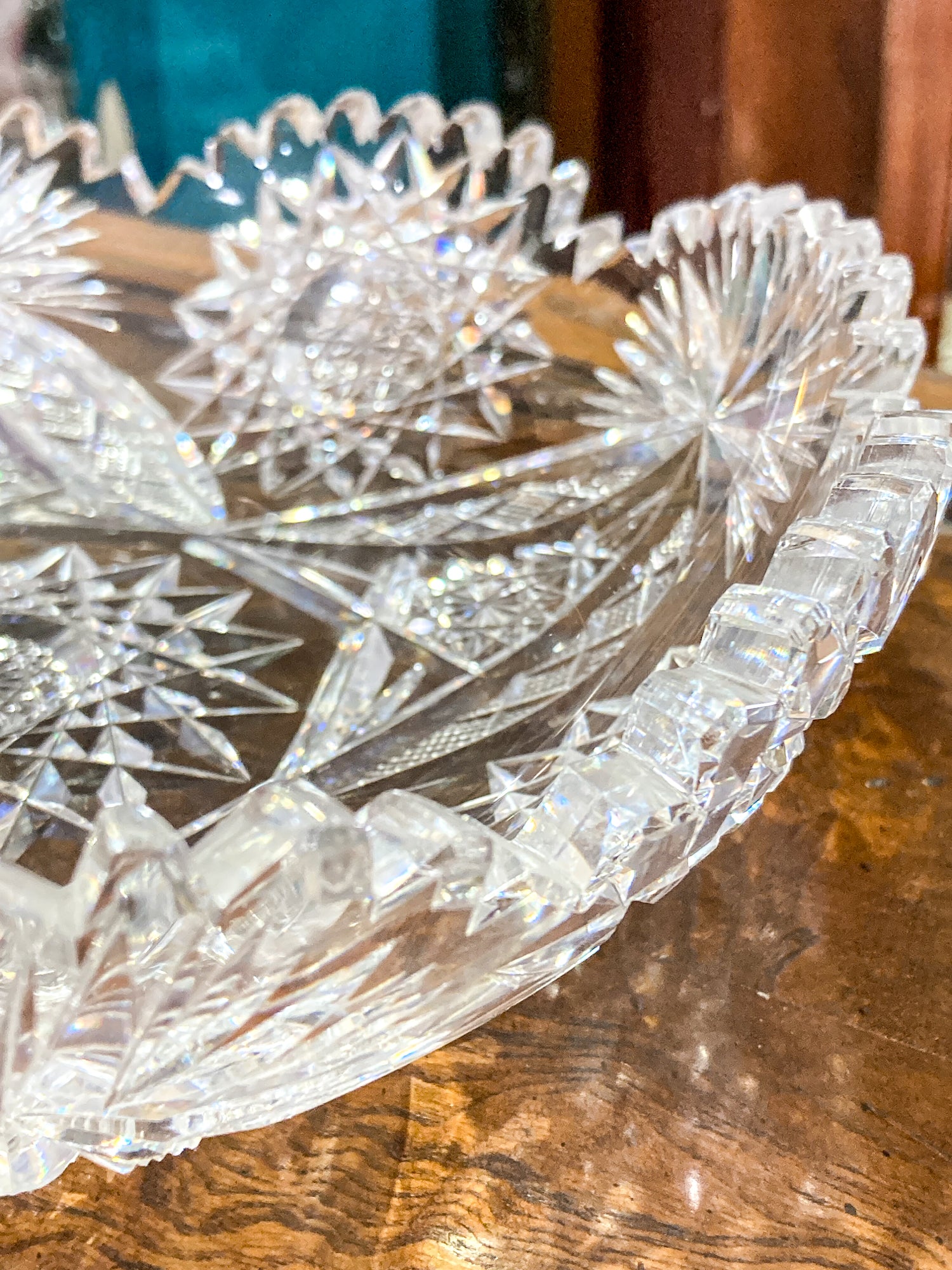 Vintage 1940s Brilliant Cut Clear Scalloped Edge Low Profile Glass Bowl