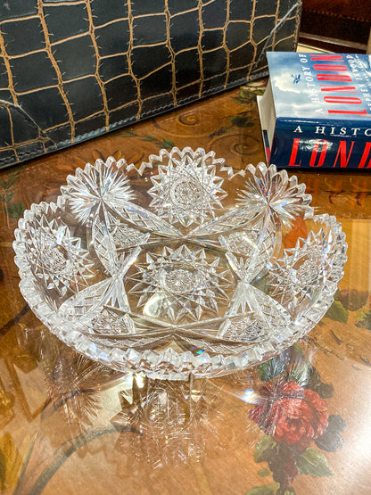 Vintage 1940s Brilliant Cut Clear Scalloped Edge Low Profile Glass Bowl
