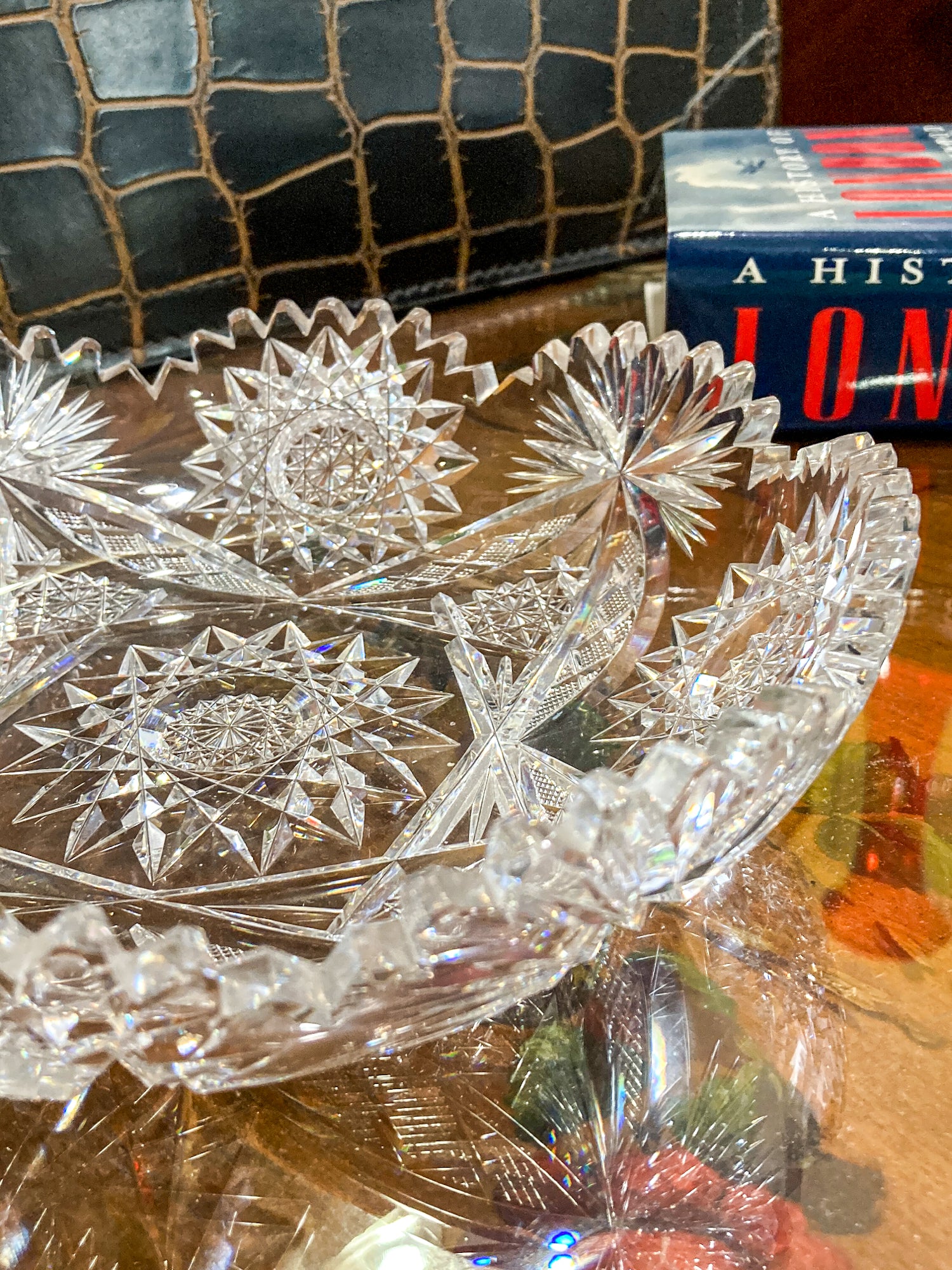 Vintage 1940s Brilliant Cut Clear Scalloped Edge Low Profile Glass Bowl